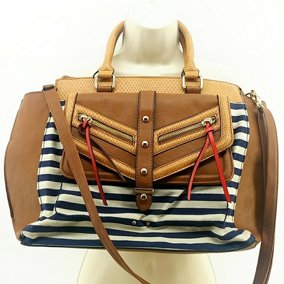 Aldo Nautical Vegan Leather Canvas Navy White Striped Tan Shoulder Handbag - Picture 1 of 15